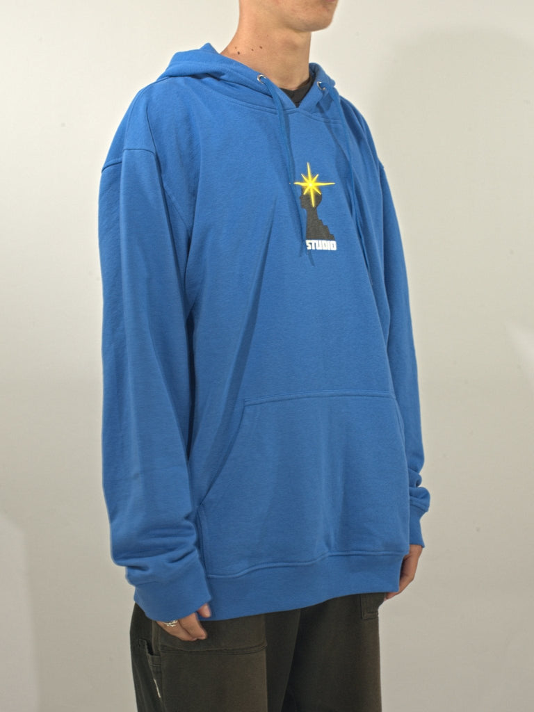 Blue hoodie sweatshirt with a yellow star logo on the chest.