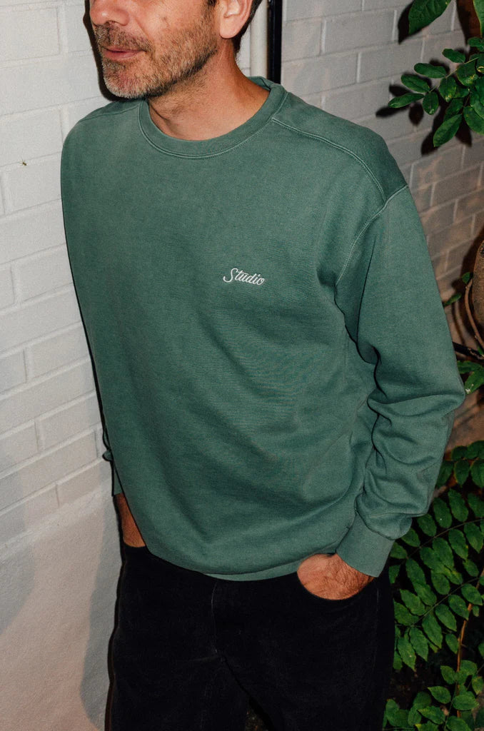 Studio - small script garment dyed crewneck - evergreen