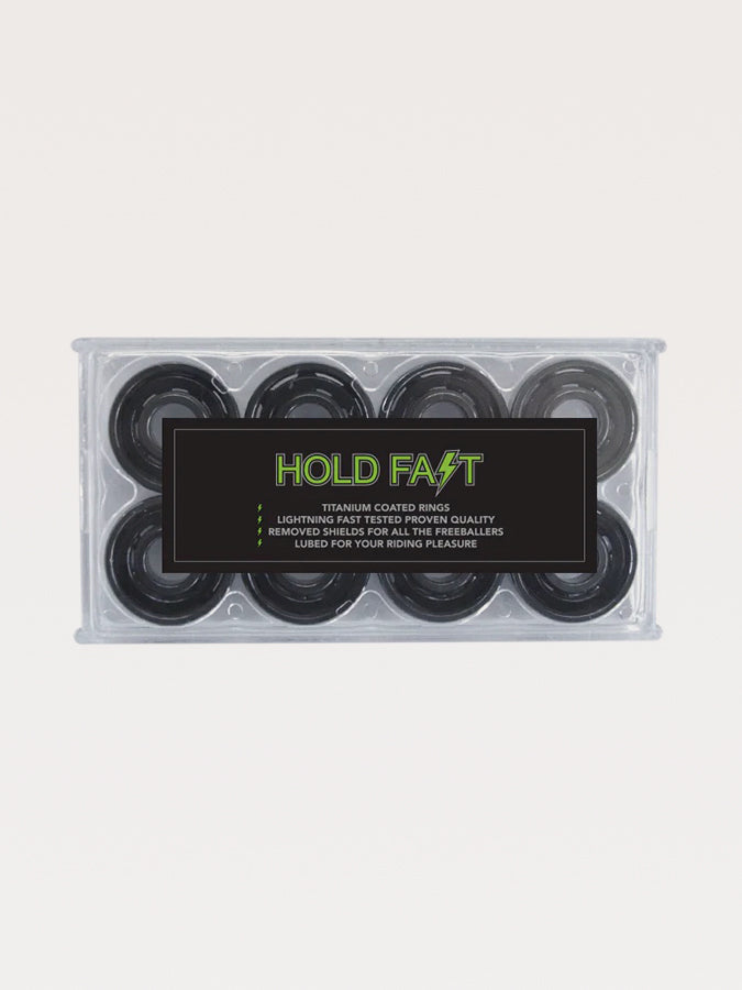 Set of black skateboard bearings in a clear plastic case labeled ’Hold Fast’.