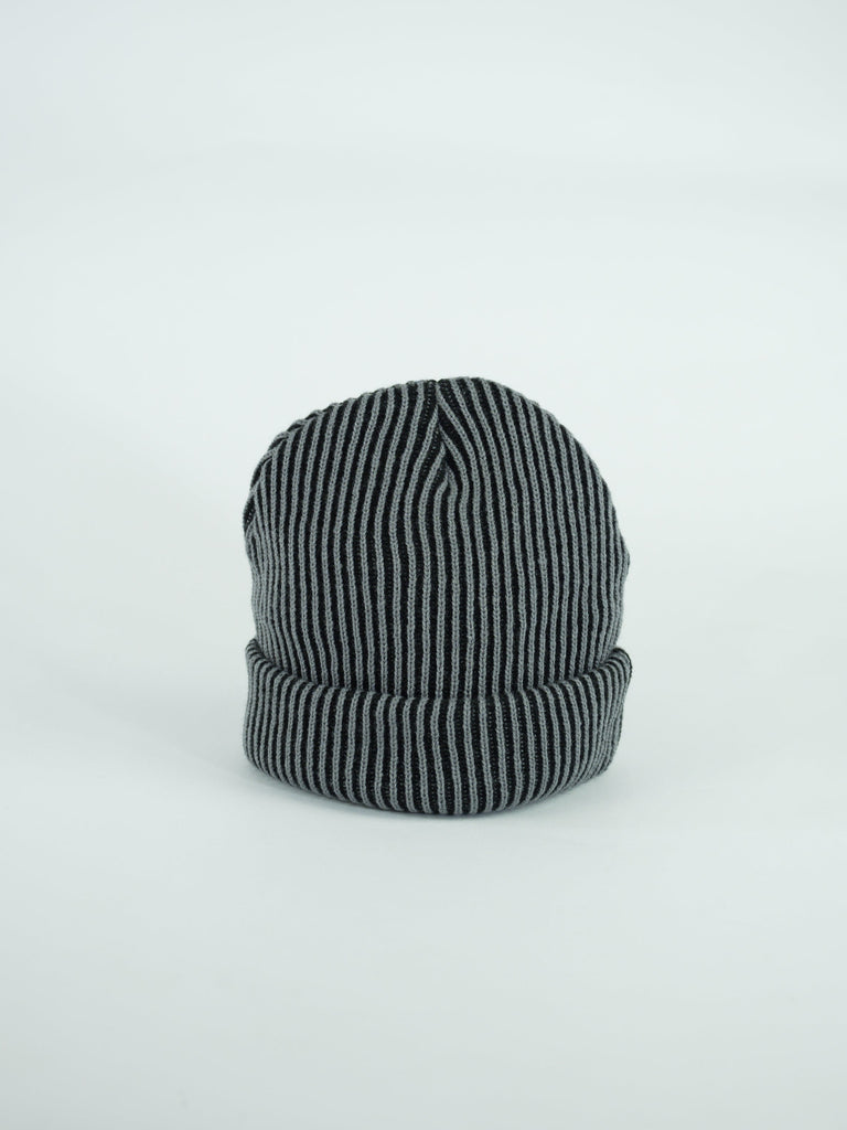 Striped gray and black knit winter beanie.