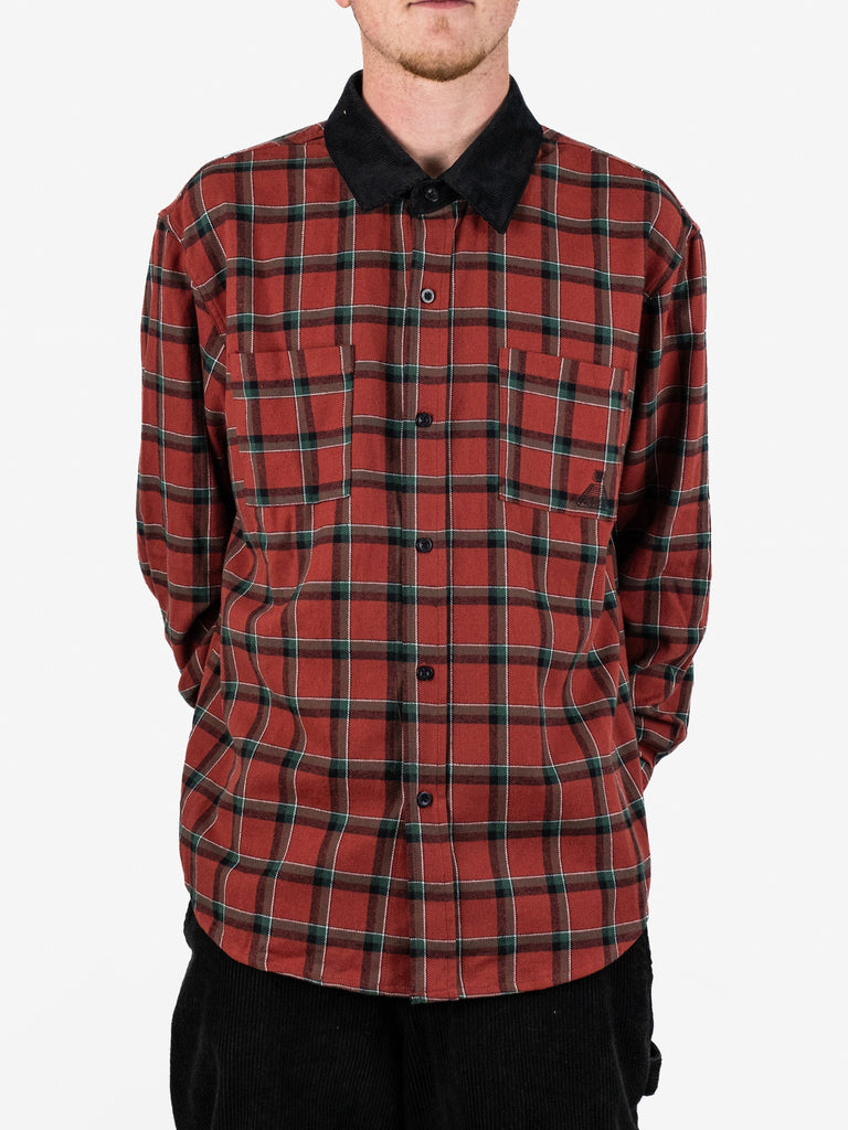 Red plaid flannel shirt featuring a black collar and pockets, from Atlantis - Cascadia