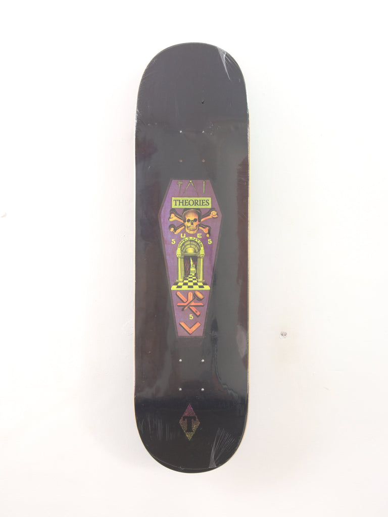 Colorful skeleton graphic on Theories of Atlantis Coffin Skateboard Deck 8.50 x 32.00