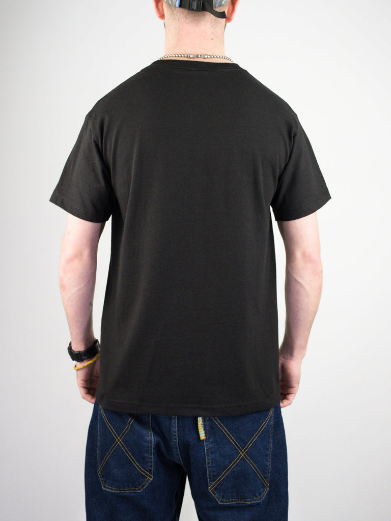 Plain black t-shirt shown from the back.