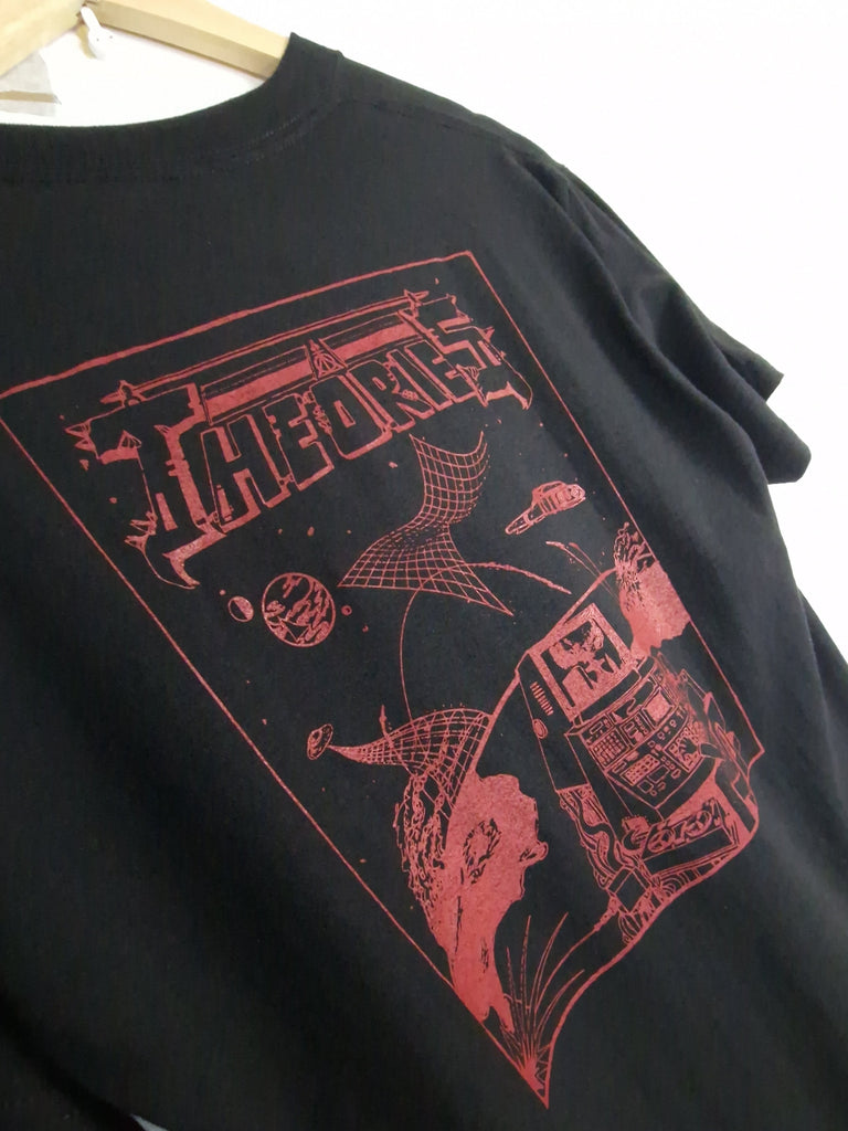 Black t-shirt with red graphic art featuring a spider web and gothic design elements.