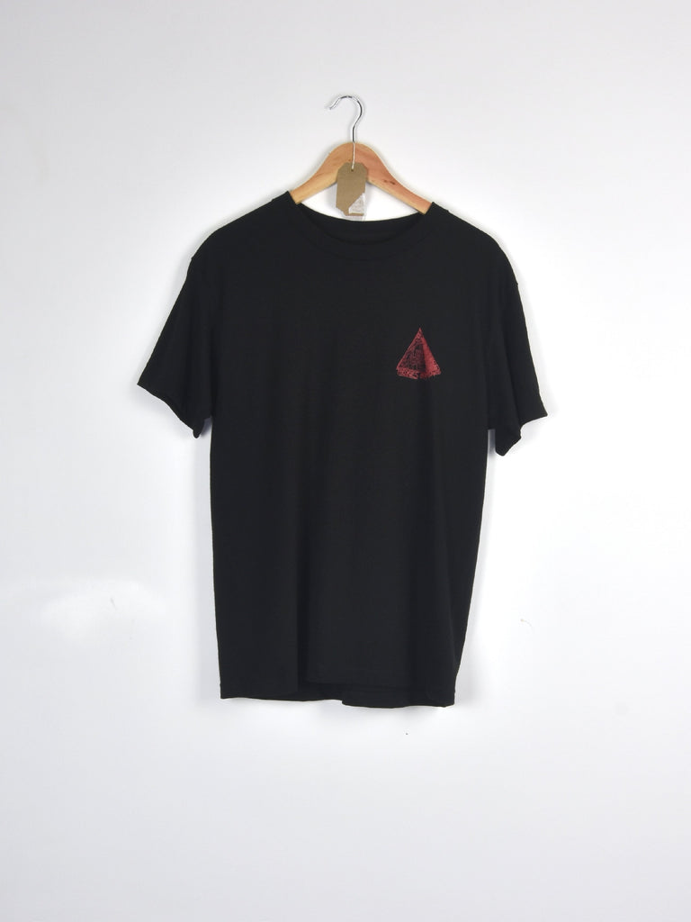 Black t-shirt with a red triangle logo on the chest.