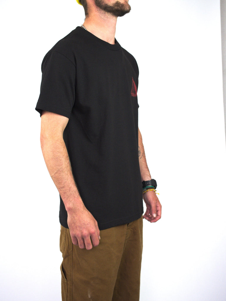 Black t-shirt with a small red logo on the chest.