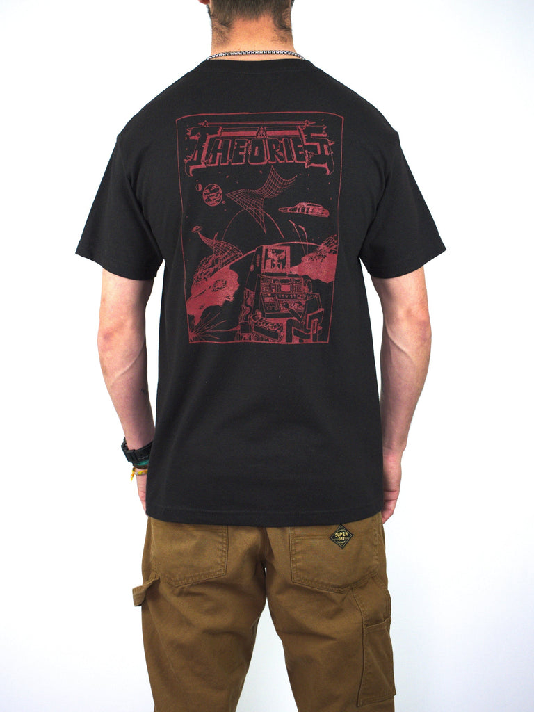 Black t-shirt with red graphic design on the back featuring the word ’Libertee’ and various imagery.