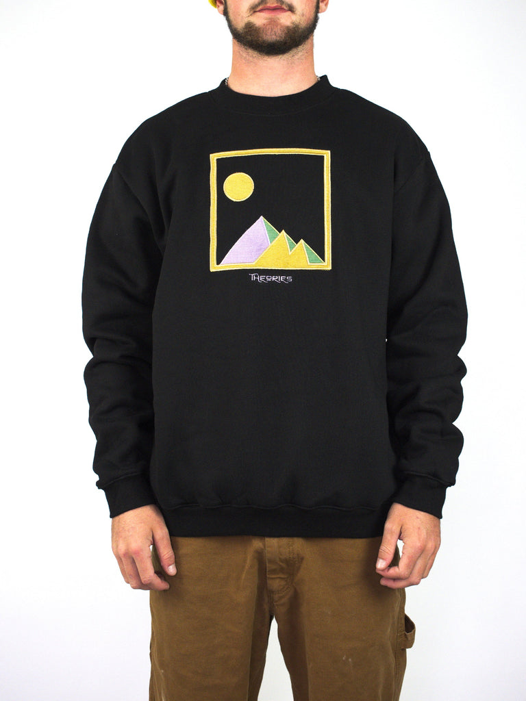 Black Giza Applique Crewneck Sweatshirt with minimalist mountain and sun design