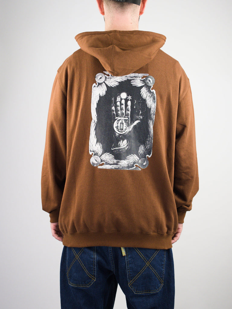 Brown hoodie with a mystical hand design printed on the back.