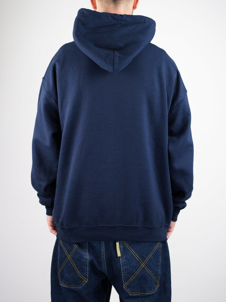 Navy blue hooded sweatshirt shown from the back.