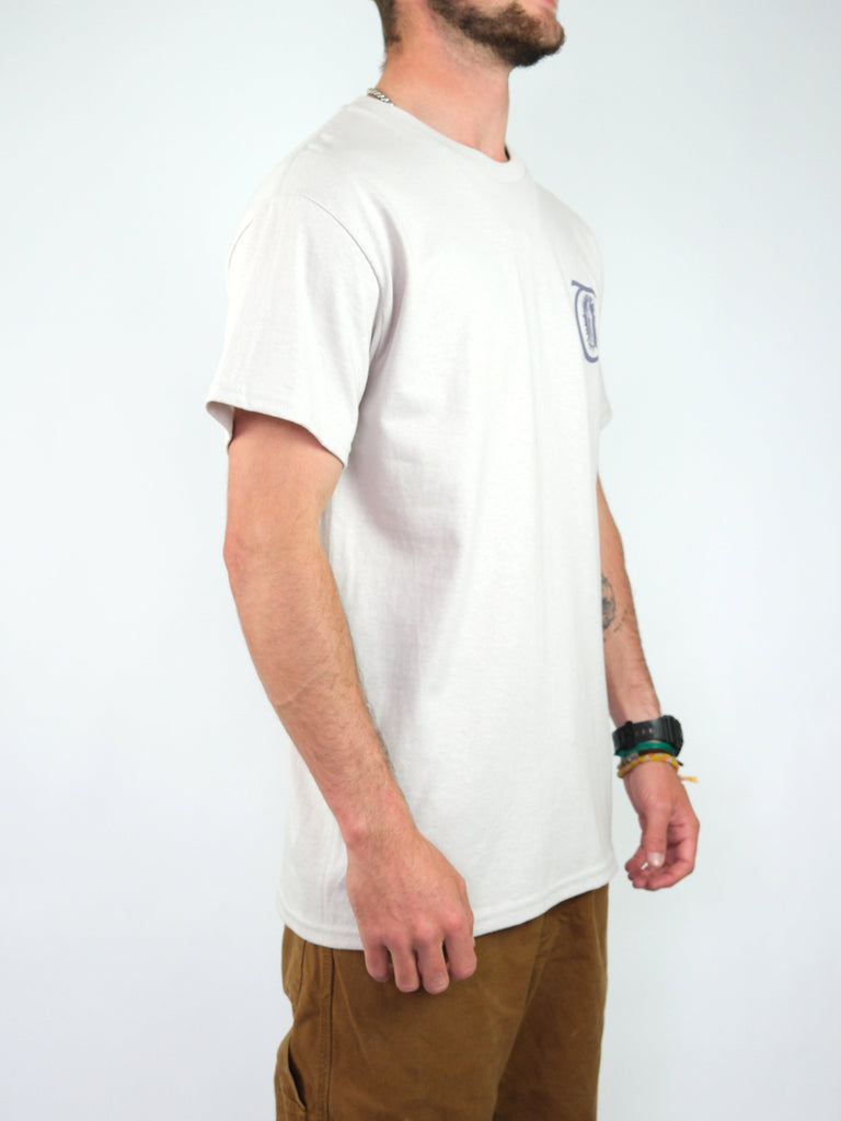 Plain white t-shirt with a small logo on the chest.