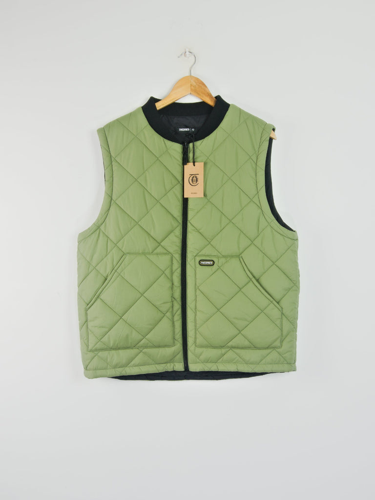 Theories of atlantis - newton quilted reversible vest - khaki / black grind supply company uk