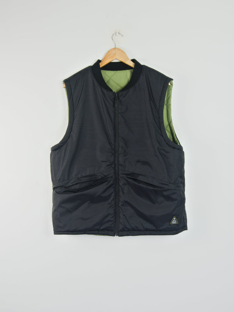 Theories of atlantis - newton quilted reversible vest - khaki / black grind supply company uk