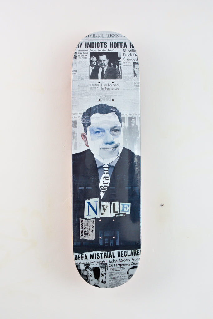 Skateboard deck featuring a black-and-white collage design of Nyle Lovett Hoffa