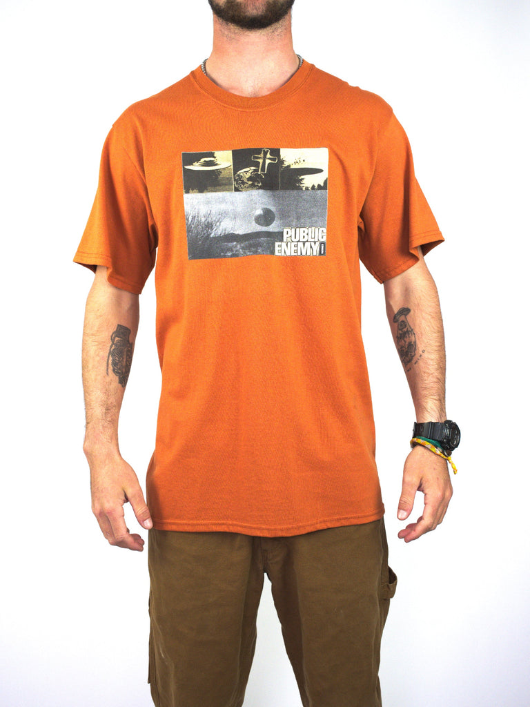 Orange T-shirt featuring landscape graphics for Theories Of Atlantis Public Enemy Tee