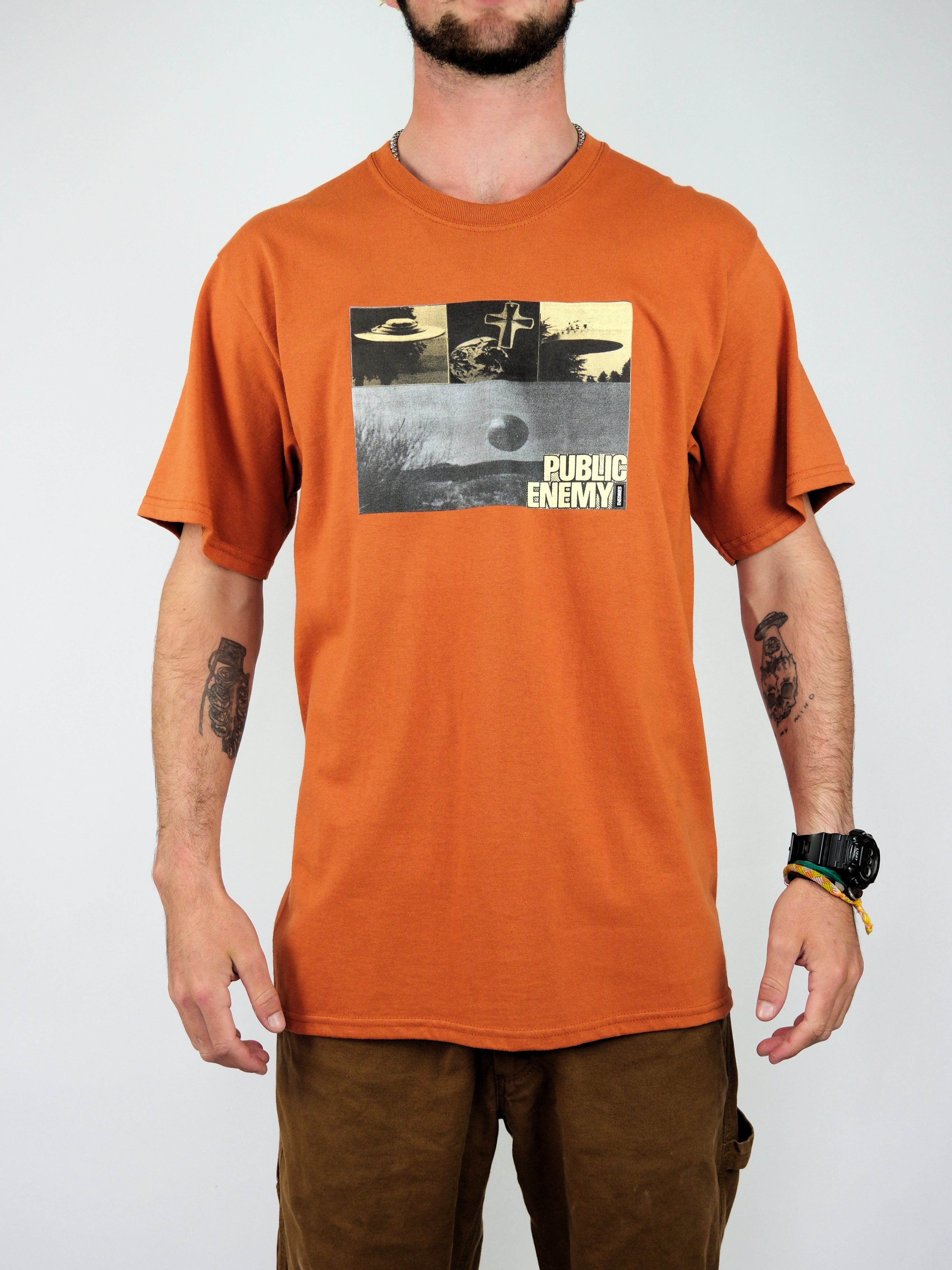 Theories of atlantis - public enemy tee shirt - texas orange orange t-shirt black