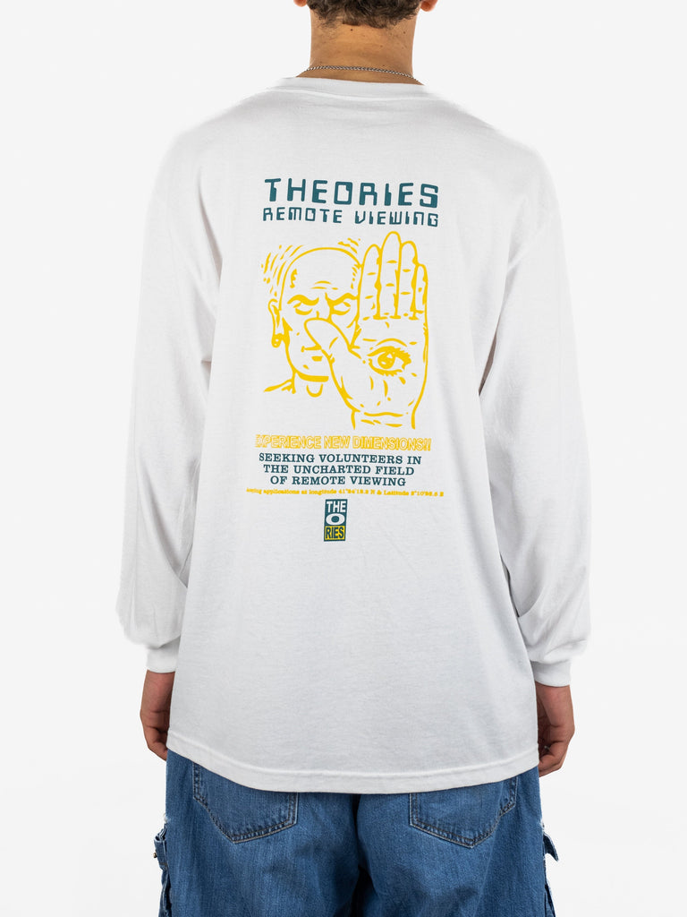 White long-sleeved t-shirt with a graphic design and text about remote viewing theories on the back.