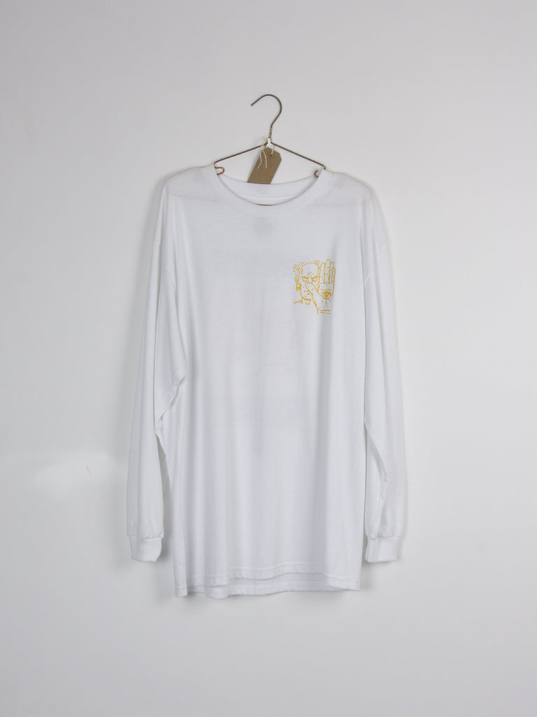 White long-sleeve t-shirt with a yellow graphic design on the chest.
