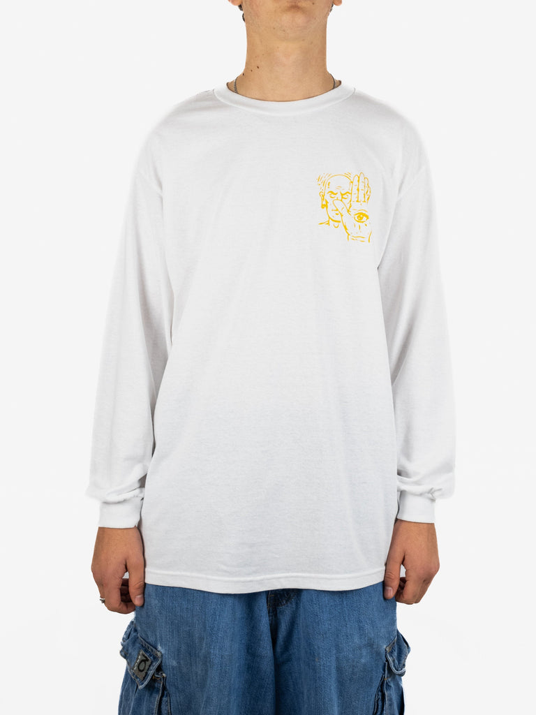 White long-sleeved shirt with a small yellow graphic on the chest.