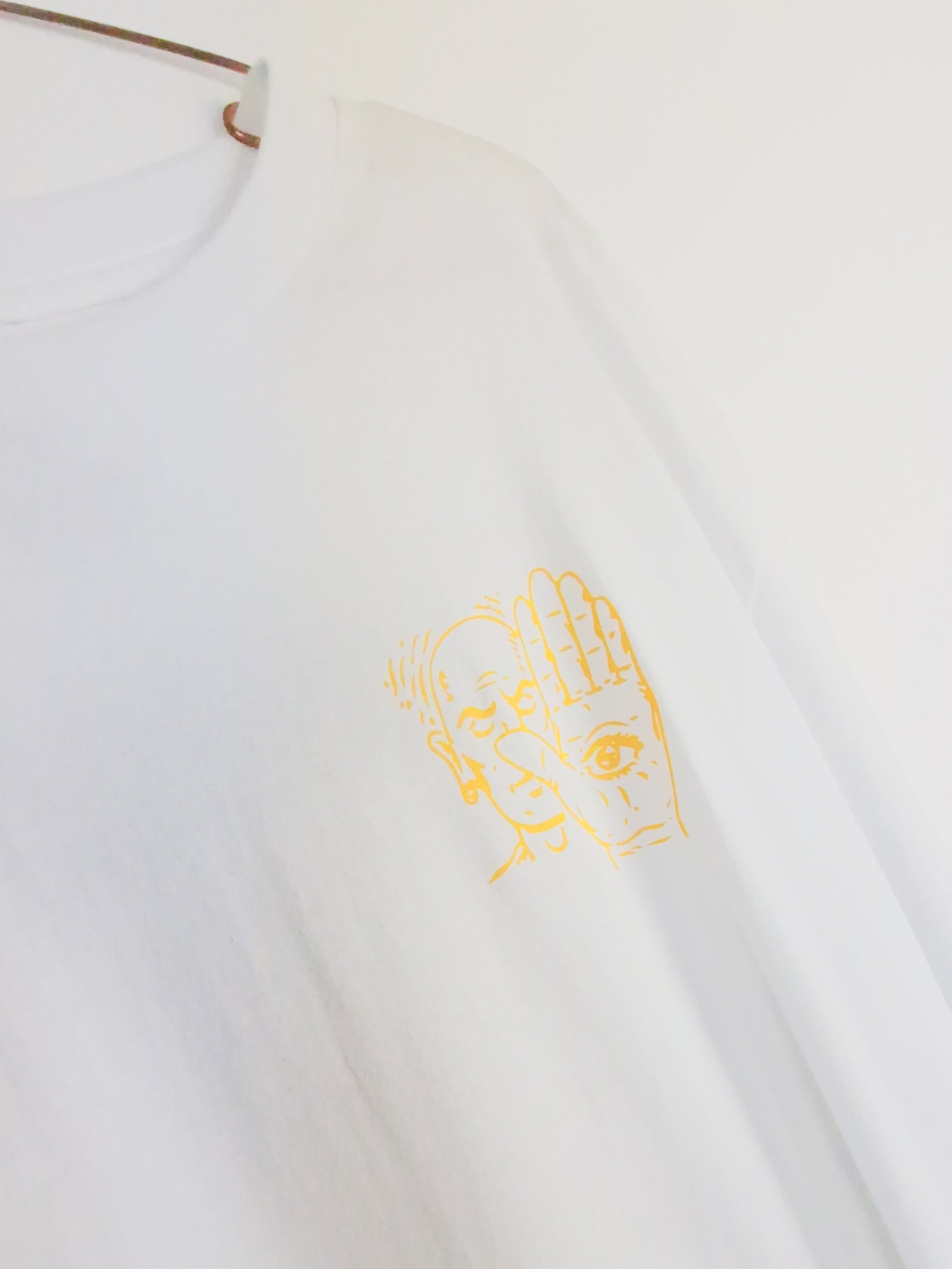 Xl theories of atlantis - remote viewing long sleeve tee shirt - white last one xl golden embroidered printed