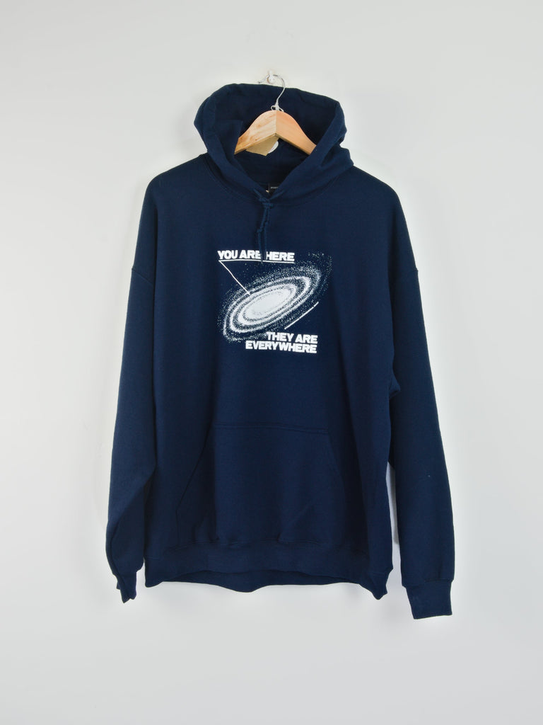 Theories of atlantis - ’you are here’ pull over hoodie - navy blue grind supply company uk