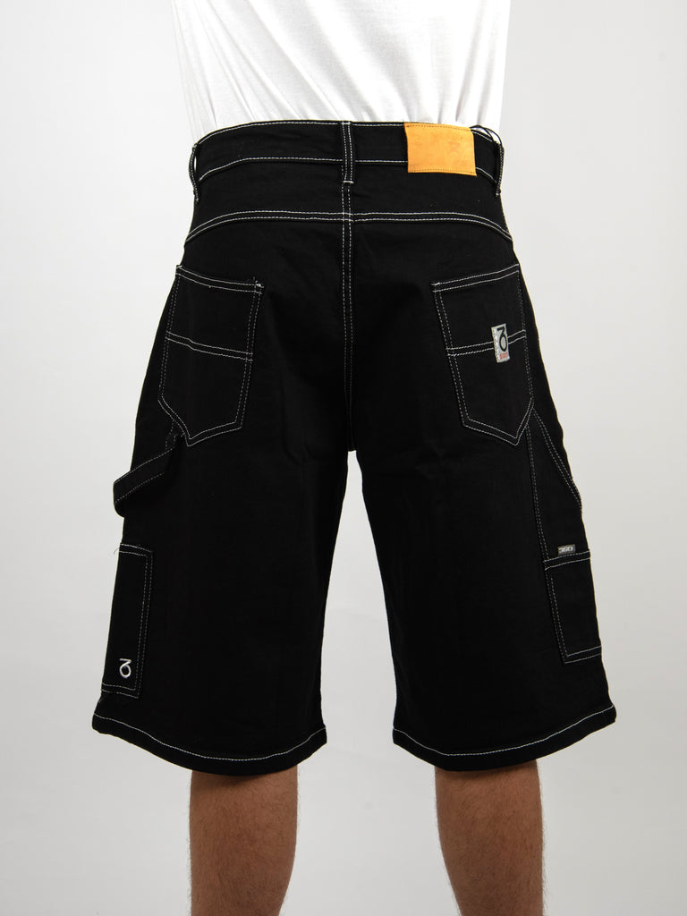 Black denim cargo shorts with pockets and contrast stitching from Three Sixty Clothing