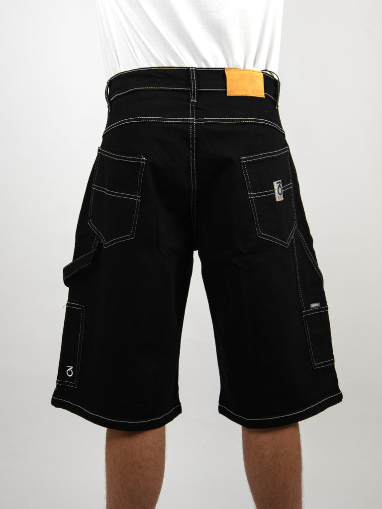 Black denim cargo shorts with multiple pockets and contrast stitching.