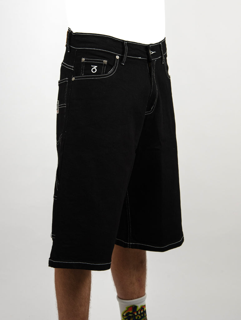 Black denim shorts with contrast stitching and a small pocket detail.