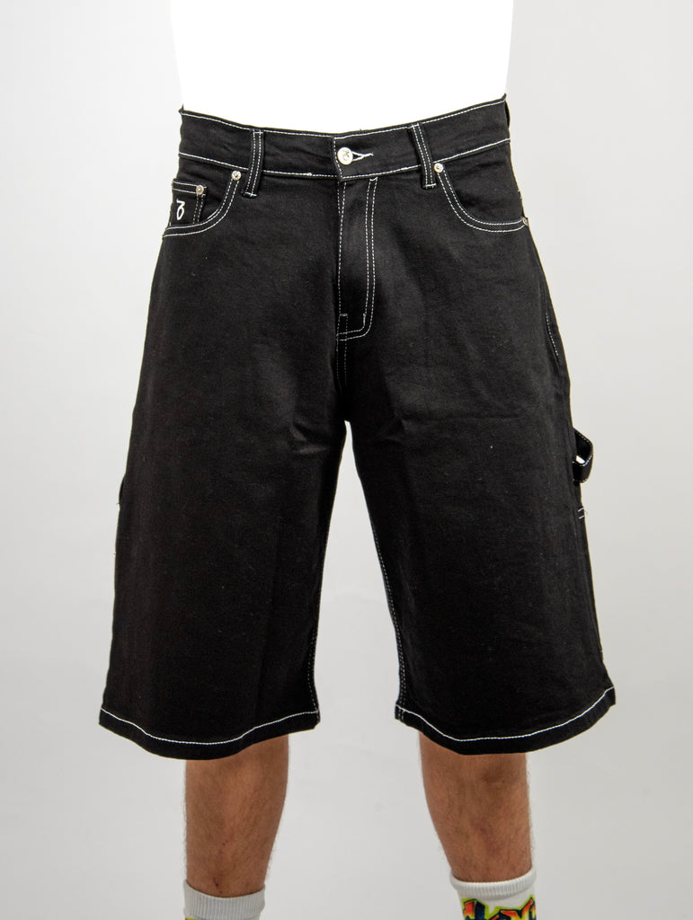 Black denim shorts with white stitching and cargo pocket by Three Sixty Clothing