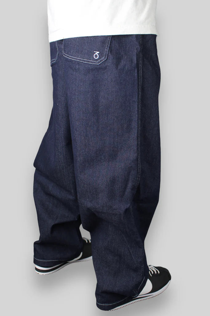 Dark blue baggy jeans with wide-leg styling and a side pocket.