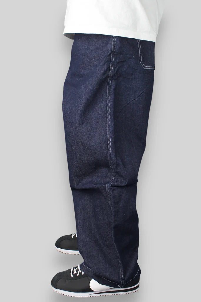 Dark blue baggy jeans with a straight-leg cut.