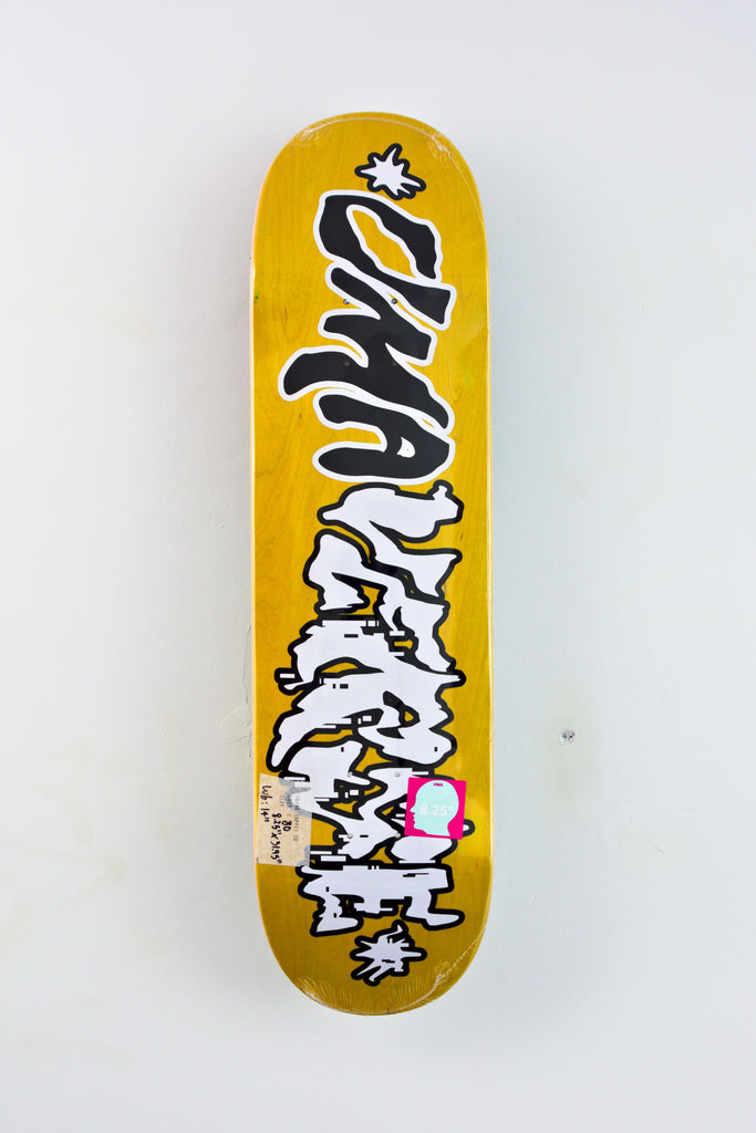 Yellow Umaverse - Glitch skateboard deck featuring graffiti-style black and white lettering