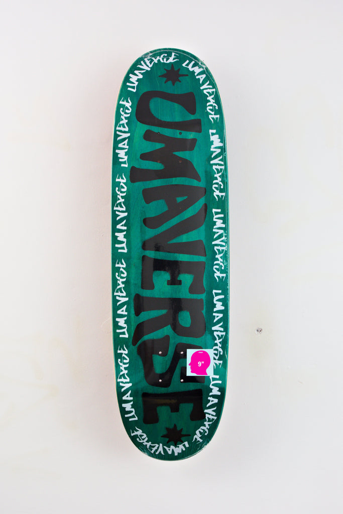 Skateboard deck featuring Universe text and spiral writing, Umaverse Tribe Egg Skateboard