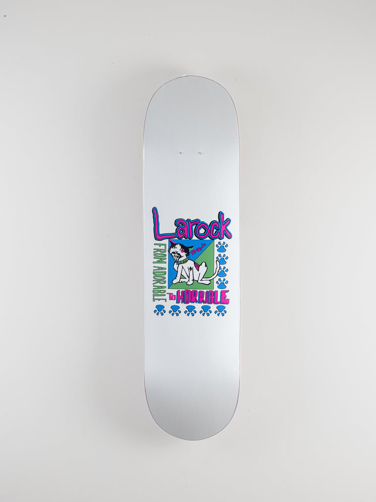 White Joey Larock Cat Skateboard Deck by Studio Skateboards featuring colorful dog graphic