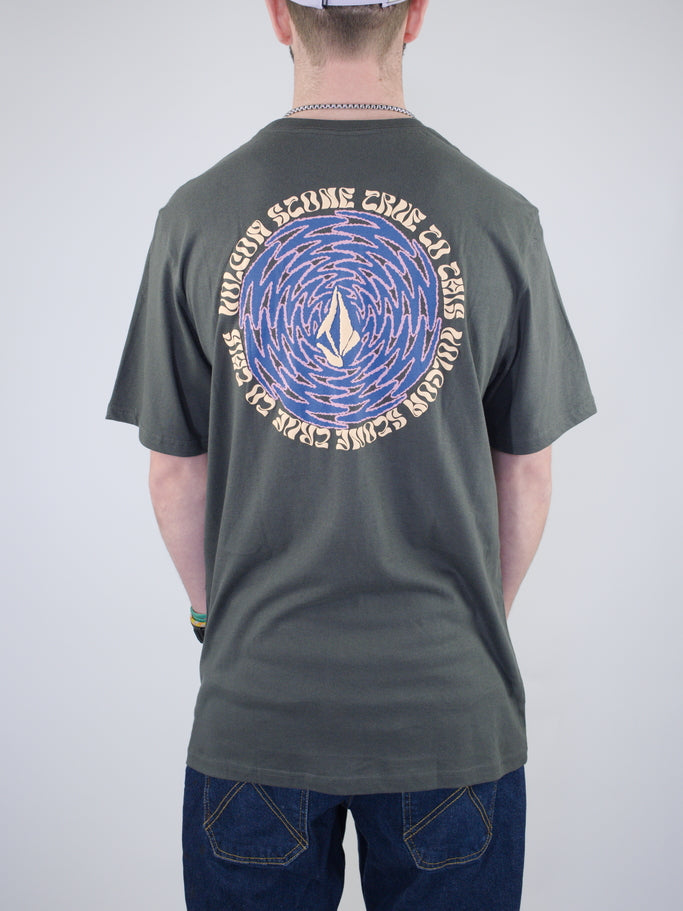 Dark gray t-shirt with a circular blue and gold spiral design on the back.