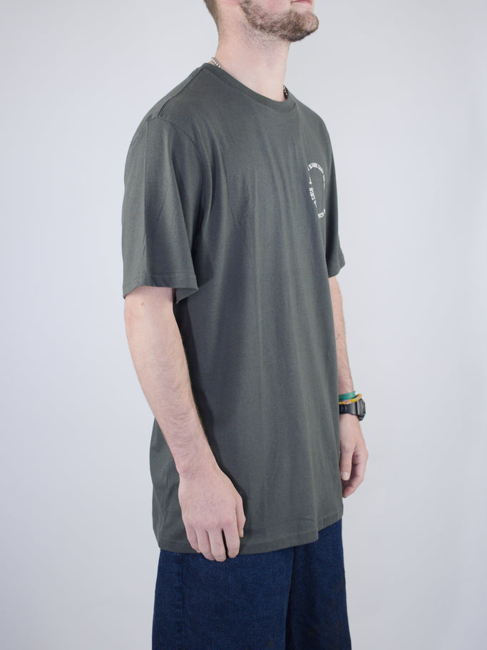 Olive green t-shirt with a small logo on the chest.