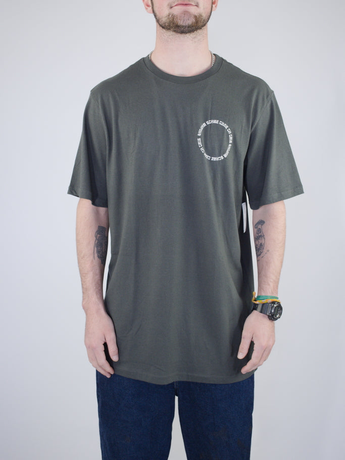 Dark gray t-shirt with a small circular logo on the chest.