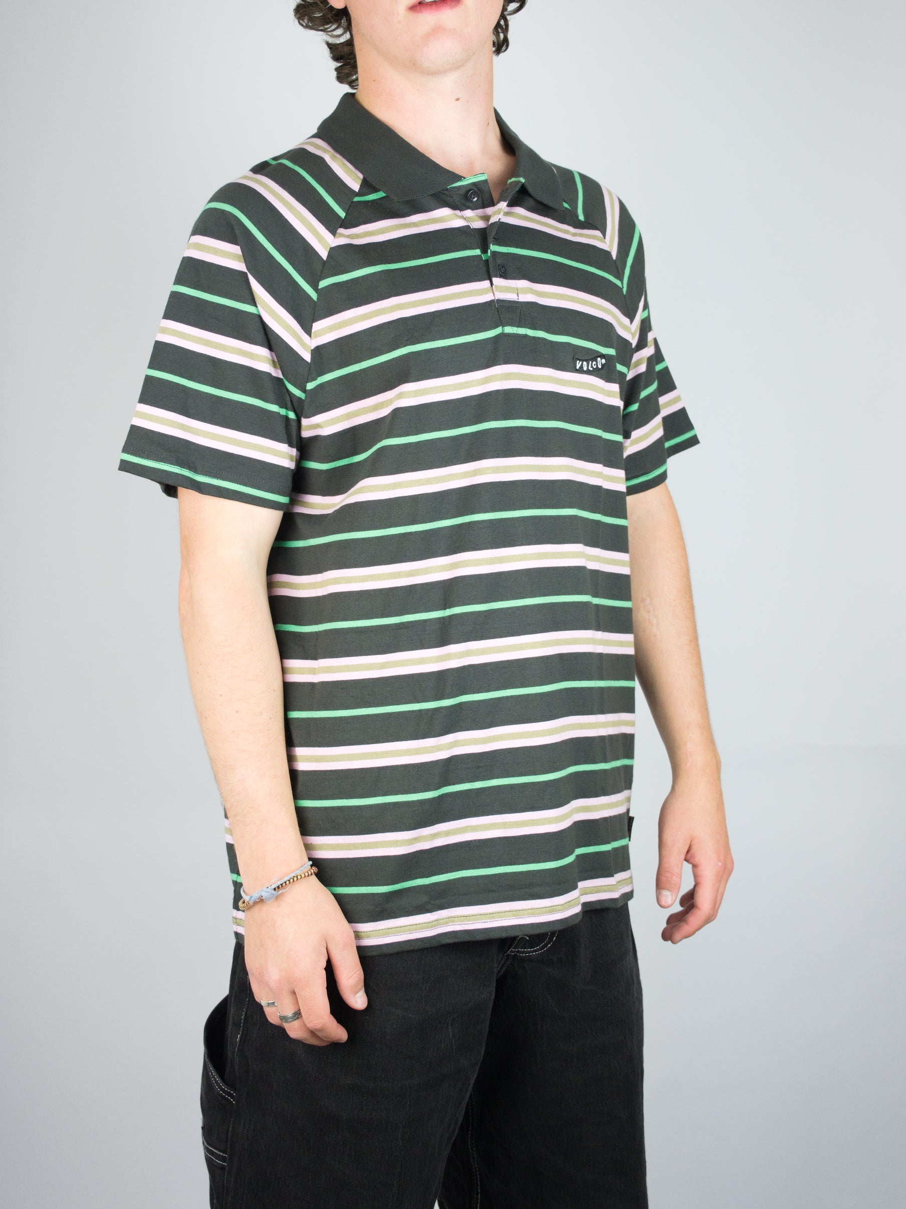 Volcom - edges polo tee shirt - black / pink / green