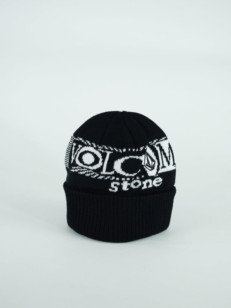 Black knit beanie with ’Volcom Stone’ branding.