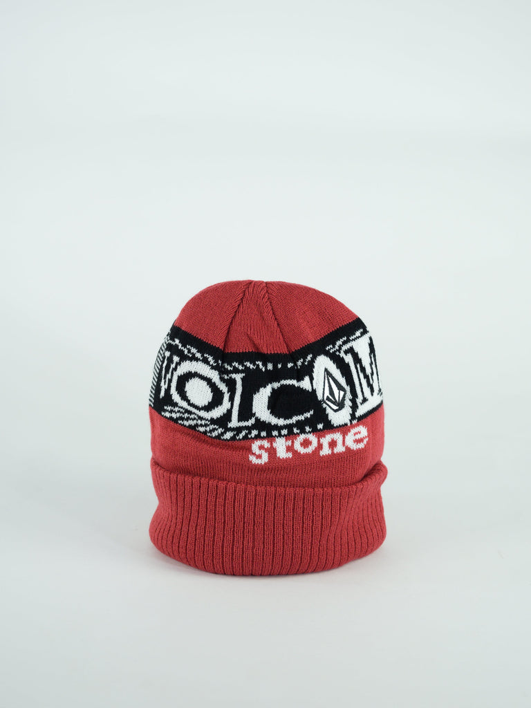 Red knit beanie with ’Volcom Stone’ branding.