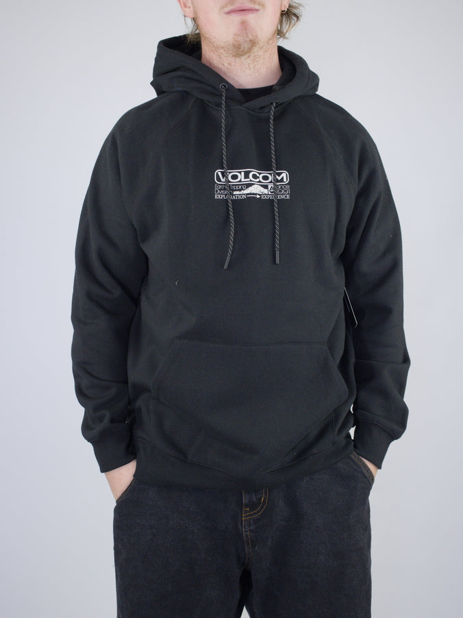 Black hoodie sweatshirt with a logo graphic on the chest.