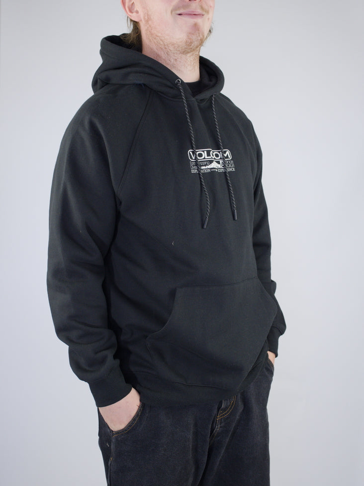 Black hooded sweatshirt with a logo on the chest.