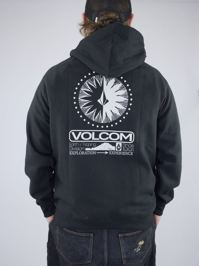 Black Volcom hoodie with a compass logo design on the back.