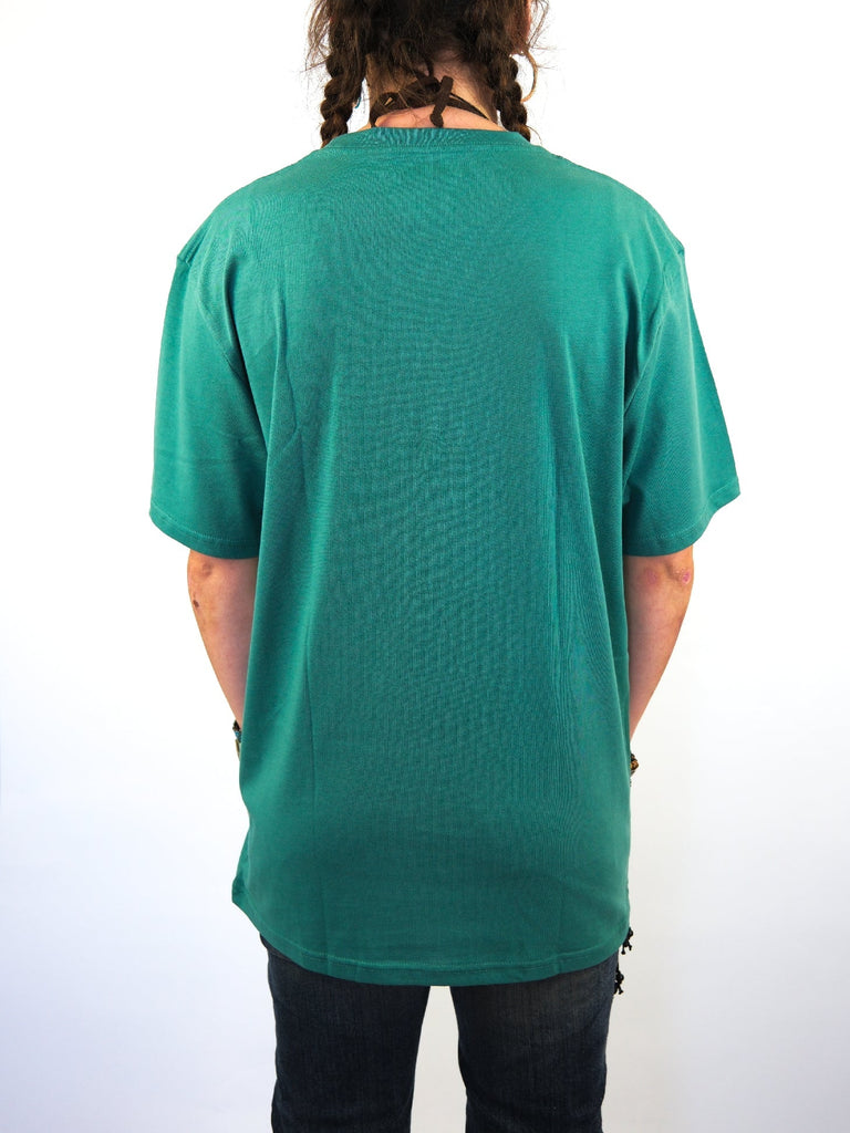 Bright green t-shirt shown from the back view.