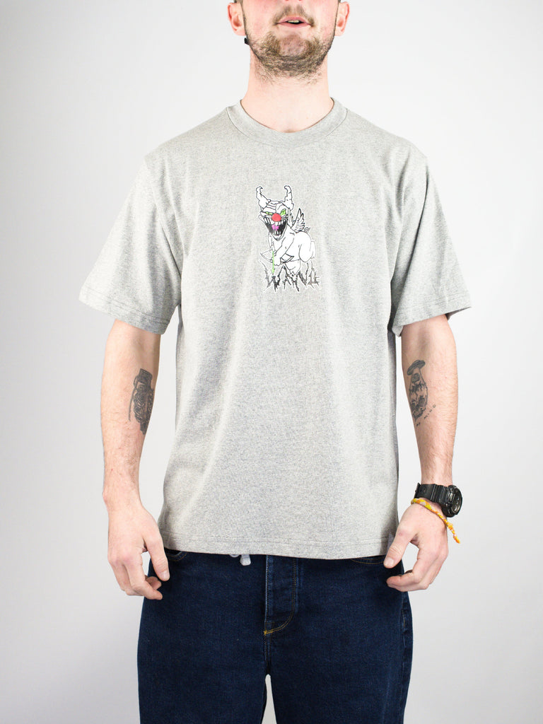 Light gray t-shirt with a small cartoon ghost design on the front.