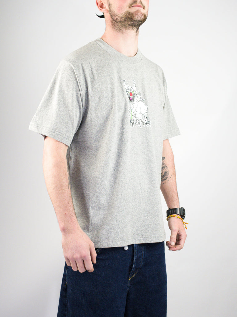 Light gray t-shirt with a small graphic design on the chest.