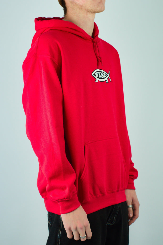 Bright red Wknd Evo Fish Hoodie featuring a unique fish-shaped logo on the chest