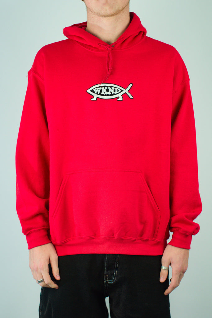 Red hoodie with a fish-shaped logo containing the text ’WKND’.