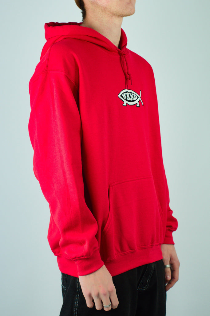 Bright red hoodie with a fish-shaped logo on the chest.
