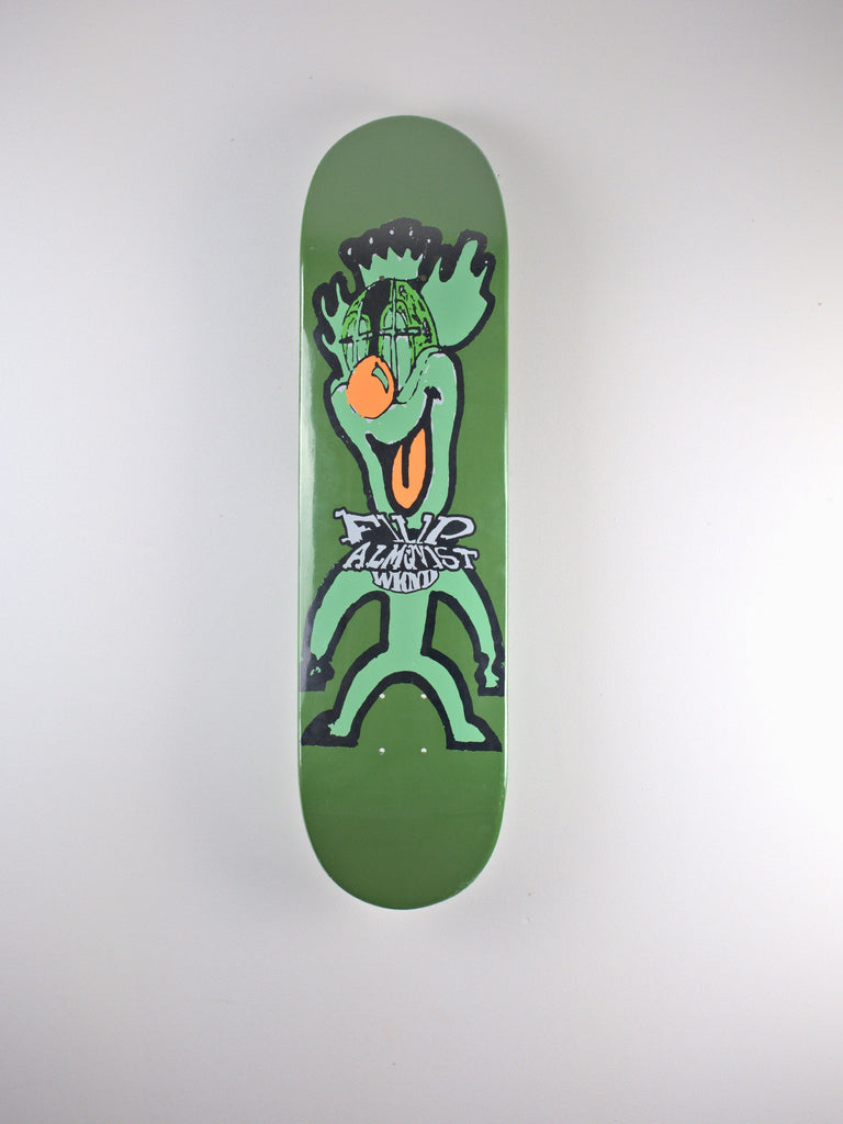 Green skateboard deck featuring a cartoon character, Wknd - Faygo Filip Almqvist Pro